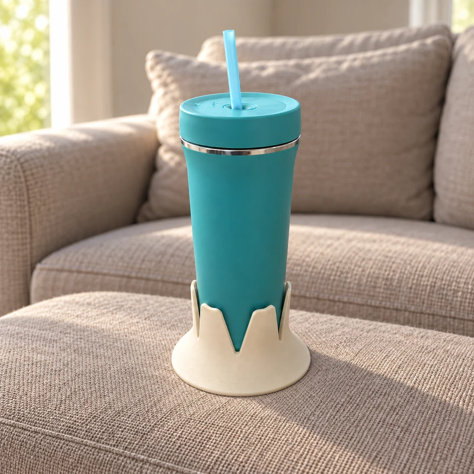A teal tapered straw tumbler seated in a cream Steadi